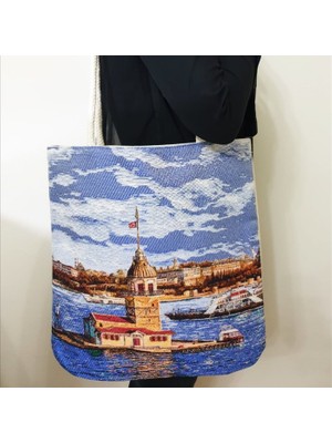 Körfez Kırlent Kız Kulesi Goblen Dokuma Kumaş Heybe Çanta