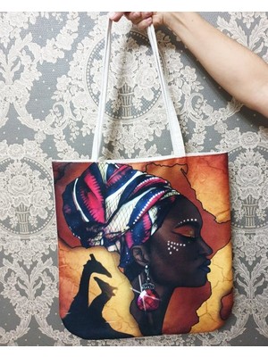Körfez Kırlent Afrikalı Kadın Baskılı Kumaş Heybe Çanta