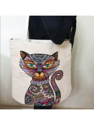 Körfez Kırlent Kedi Goblen Dokuma Kumaş Heybe Çanta