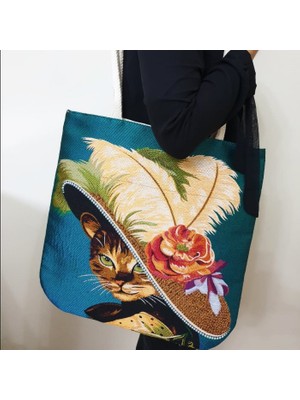 Körfez Kırlent Kedi Goblen Dokuma Kumaş Heybe Çanta