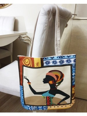 Körfez Kırlent Afrikalı Kadın Baskılı Kumaş Heybe Çanta