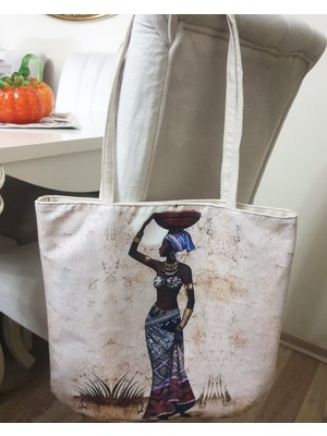 Körfez Kırlent Afrikalı Kadın Baskılı Kumaş Heybe Çanta