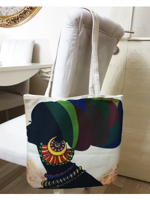 Körfez Kırlent Afrikalı Kadın Baskılı Kumaş Heybe Çanta