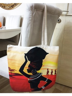 Körfez Kırlent Afrikalı Kadın Baskılı Kumaş Heybe Çanta