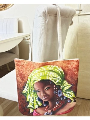 Körfez Kırlent Afrikalı Kadın Baskılı Kumaş Heybe Çanta