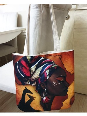 Körfez Kırlent Afrikalı Kadın Baskılı Kumaş Heybe Çanta
