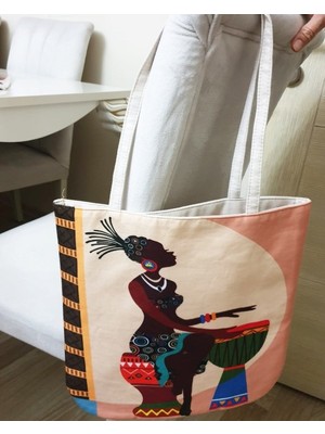Körfez Kırlent Afrikalı Kadın Baskılı Kumaş Heybe Çanta
