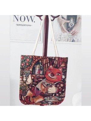 Körfez Kırlent Kedili Desen Goblen Dokuma Kumaş Heybe Çanta