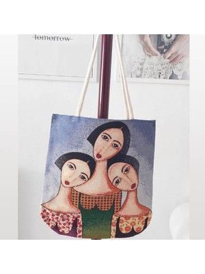 Körfez Kırlent Kızlar Desen Goblen Dokuma Kumaş Heybe Çanta