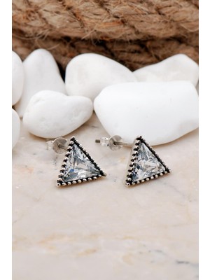 Sümer Telkari Kuvars Taşlı Üçgen Gümüş Küpe 95