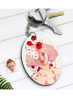 BK Kişiye Özel Kadın Soyut Karikatürlü Ahşap Anahtarlık-2