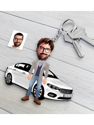BK Kişiye Özel Bay Fıat Egea Figürlü Plakalı Ahşap Karikatür Anahtarlık-3