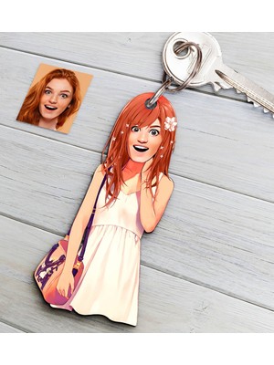 BK Kişiye Özel Bayan Anime Bebek Karikatürlü Ahşap Anahtarlık-1