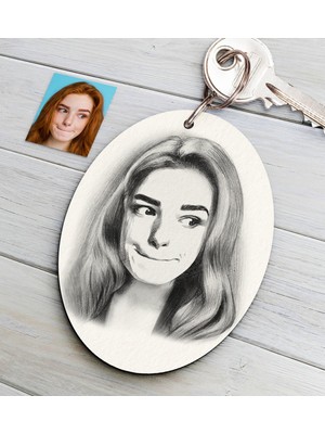 BK Kişiye Özel Bayan Soyut Karakalem Ahşap Anahtarlık-7