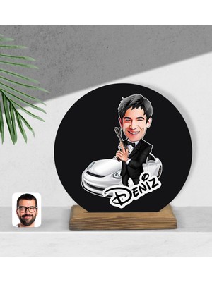 BK Kişiye Özel Erkek Ajan Karikatürlü Yuvarlak Ahşap Biblo