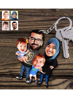 BK Kişiye Özel Aile Karikatürlü Ahşap Anahtarlık - 3