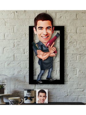 BK Kişiye Özel Erkek Kuaför Karikatürlü 3D Ahşap Tablo-1