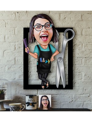 BK Kişiye Özel Bayan Kuaför Karikatürlü 3D Ahşap Tablo-1