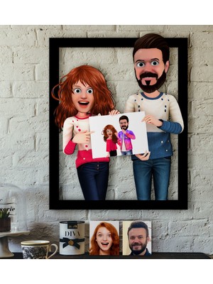 BK Kişiye Özel Sevgililer Animasyonlu Karikatürlü 3D Ahşap Tablo-33