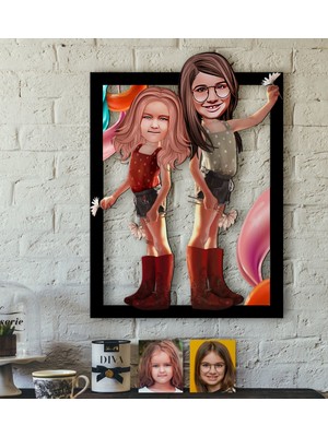 BK Kişiye Özel Kız Kardeşler Karikatürlü 3D Ahşap Tablo-5