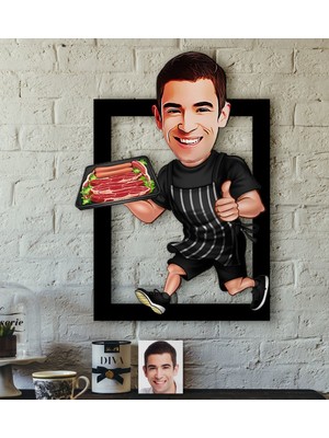 BK Kişiye Özel Bay Mangalcı Karikatürlü 3D Ahşap Tablo-2