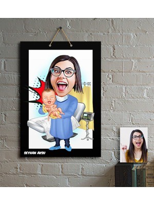 BK Kişiye Özel Bayan Ebe Karikatür Ahşap Tablo - 1