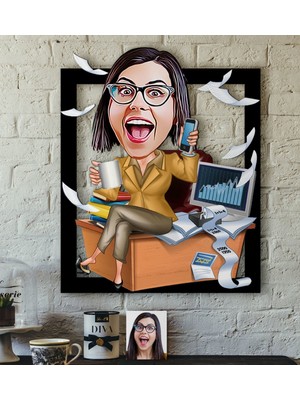 BK Kişiye Özel Bayan Muhasebeci Karikatürlü 3D Ahşap Tablo-1