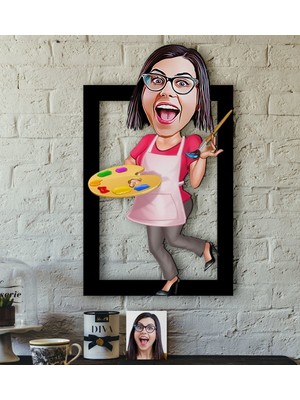 BK Kişiye Özel Bayan Ressam Karikatürlü 3D Ahşap Tablo-1