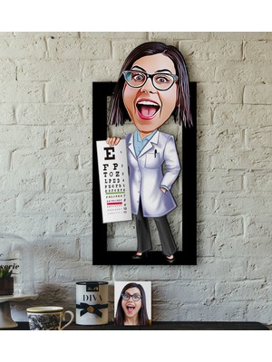 BK Kişiye Özel Bayan Göz Doktoru Karikatürlü 3D Ahşap Tablo