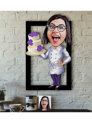 BK Kişiye Özel Bayan Chef Karikatürlü 3D Ahşap Tablo-2