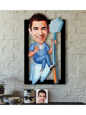 BK Kişiye Özel Bay Diş Hekimi Karikatürlü 3D Ahşap Tablo-2