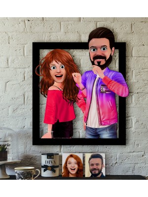 BK Kişiye Özel Sevgililer Animasyonlu Karikatürlü 3D Ahşap Tablo-32