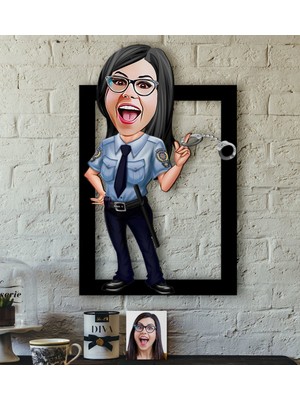 BK Kişiye Özel Bayan Polis Karikatürlü 3D Ahşap Tablo-1