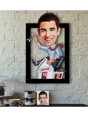 BK Kişiye Özel Bay Emlakçı Karikatürlü 3D Ahşap Tablo-1