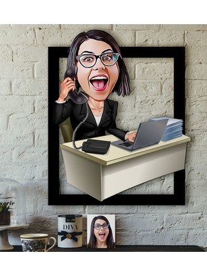 BK Kişiye Özel Bayan Asistan Karikatürlü 3D Ahşap Tablo-1