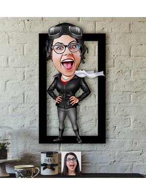 BK Kişiye Özel Bayan Pilot Karikatürlü 3D Ahşap Tablo