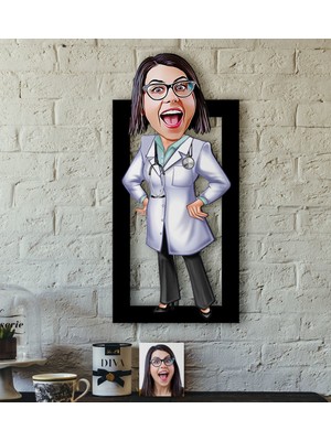 BK Kişiye Özel Bayan Doktor Karikatürlü 3D Ahşap Tablo-1