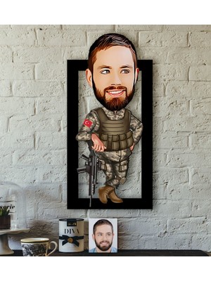 BK Kişiye Özel Asker Karikatürlü 3D Ahşap Tablo-2