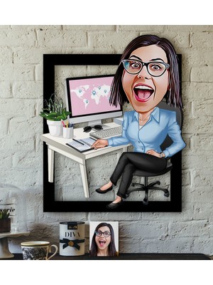 BK Kişiye Özel Bayan Genel Müdür Karikatürlü 3D Ahşap Tablo-1
