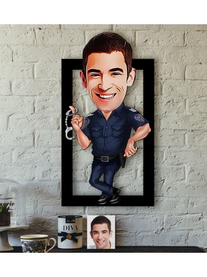 BK Kişiye Özel Bay Polis Karikatürlü 3D Ahşap Tablo-2