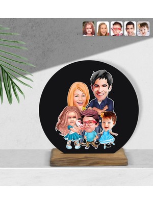 BK Kişiye Özel Aile Karikatürlü Yuvarlak Ahşap Biblo-7