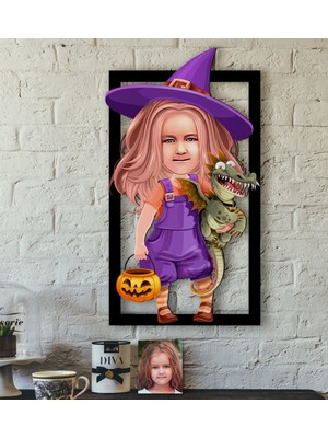 BK Kişiye Özel Küçük Cadı Karikatürlü 3D Ahşap Tablo-1