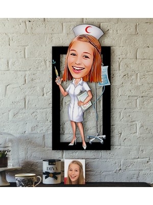 BK Kişiye Özel Hemşire Karikatürlü 3D Ahşap Tablo-2