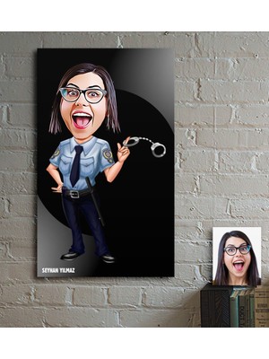 BK Kişiye Özel Bayan Polis Karikatür Ahşap Tablo - 1