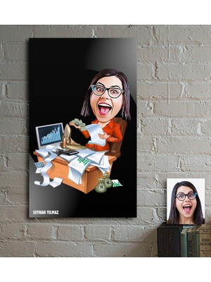 BK Kişiye Özel Bayan Bankacı Karikatür Ahşap Tablo - 2