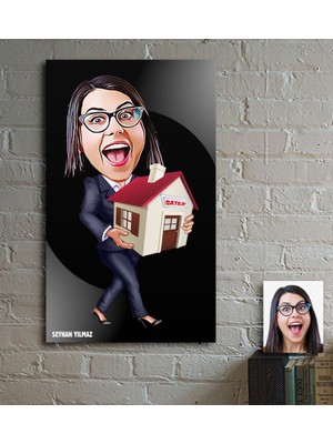 BK Kişiye Özel Bayan Gayrimenkul Danışmanı Karikatür Ahşap Tablo - 2