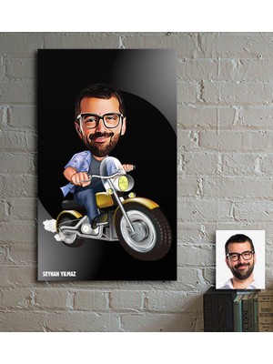 BK Kişiye Özel Bay Motorcu Karikatür Ahşap Tablo - 1