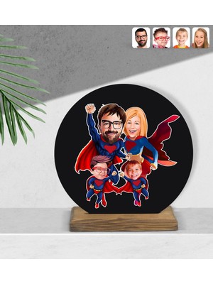 BK Kişiye Özel Süper Aile Karikatürlü Yuvarlak Ahşap Biblo-4