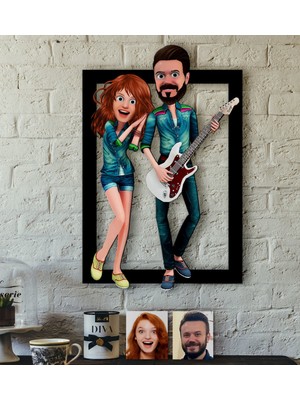 BK Kişiye Özel Sevgililer Animasyonlu Karikatürlü 3D Ahşap Tablo-31