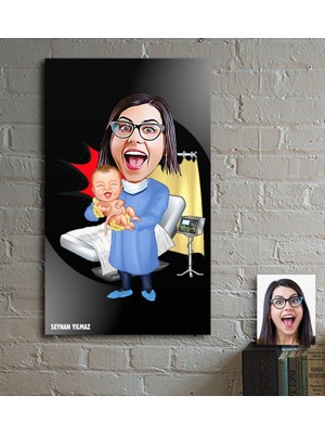 BK Kişiye Özel Bayan Ebe Karikatür Ahşap Tablo - 1